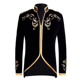 British Style Palace Prince Fashion Black Velvet Gold Embroidery Blazer Wedding Groom Slim Fit Suit