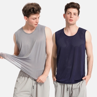 Men Vest Ice Silk Tank Ultra-thin Mesh Sleeveless Undershirt Solid Color Durable (1)
