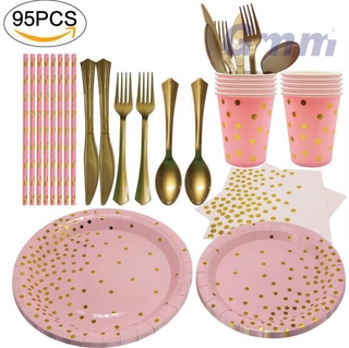 【GM】Bronzing pink polka dot disposable Party Supplies paper plate cake plate cup tissue set