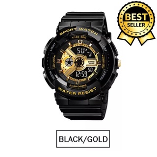 ❦✸Sports Watch Waterproof Digital & Analog Display Gold Dial Resin Band Watch for Women(Black)
