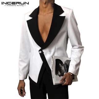 INCERUN Men Western Style Black White Contrast Color Long Sleeves Fashion Blazer