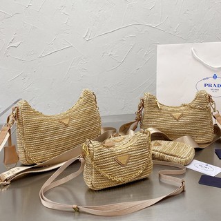 Prada Hobo Straw Chain Handbag Women's Mini Shoulder Diagonal Bag Wallet