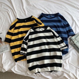 ❤Ready Stock❤ T-shirt for Men Striped Short Sleeve Round Neck T-shirt Loose Casual T-shirt Couple Clothing (1)