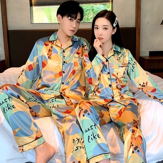Spring Autumn New Ice Silk Long Sleeve Couple Pajamas Men Women Imitation Silk Cartoon Silk Home