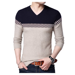 Men casual slim long sleeve T-shirt knit pullover V-neck base sweater