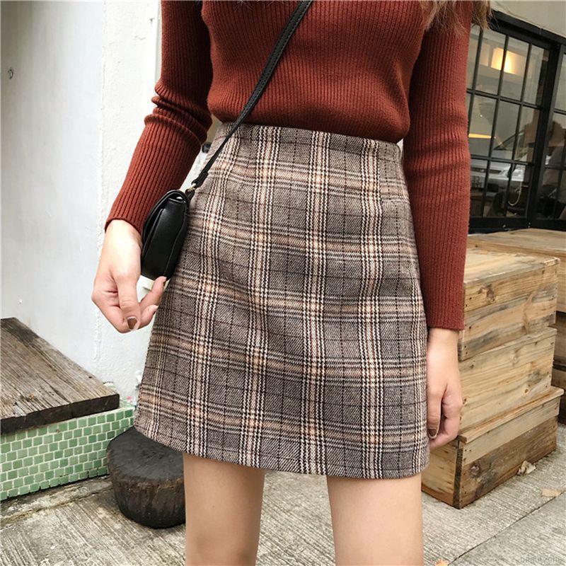 Women High Waist Plaid Woolen Short Casual Skirt (1)