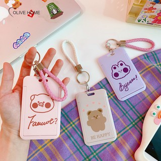 Lovely Original Women Card Holders with Handheld Keychain Korean Bear Rabbit Hard Shell Student ID Card Cover Pass Badge Holder