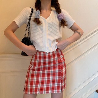 [COD & Ready stock]Women Plaid Split Skirt High Waist Bodycon Split Mini A-Line Checkered Skirt