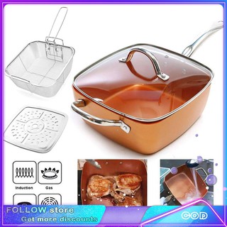 COPPER PAN, Copper Square Frying Pan Induction Chef Glass Lid Fry Basket Steam Rack!slow cooker