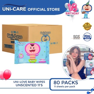 UniLove Unscented Baby Wipes 11's Pack of 80 (1 Case)