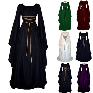 Womens Vintage Medieval Dress Victorian Renaissance Gothic Costume Gown Long Bell Sleeve Dress (1)