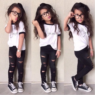 【BEST SELLER】 Cute Baby Girls Outfits Tops+Ripped Legging Trousers 2pcs