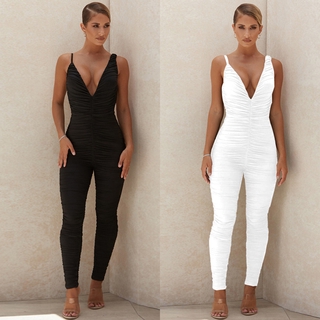 Jumpsuit Euramerican sexy deep V tight open back pleated one piece suit