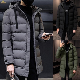 Men Casual Fashion Solid Color Slim Hooded Zipper Long Thick Warm Coat