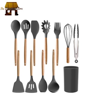 12 Pc Wooden + Silicone Kitchen Utensils / Cooking Tools Set