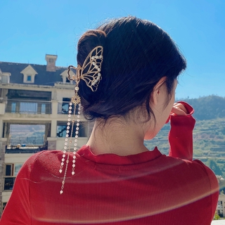 Japan and South Korea metal butterfly metal tassel grasping clip Korean girl temperament elegant pearl hairpin headdress hairpin female