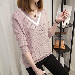New Women's Long-sleeved Sweater Hollow Thin Bottoming Shirt All-match V-neck Top