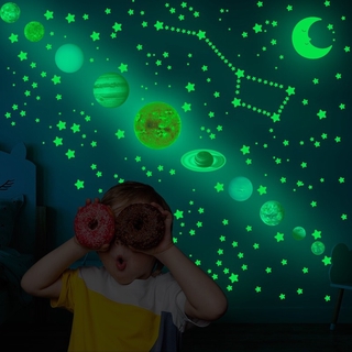 [ Stock ] Luminous Solar System Nine Planets Stars Wall Sticker/ Fluorescent Moon Wall Stickers/ 3D Star Glow In The Dark Wall Decal/ Luminous Adhesive Space Stickers/ Bedroom Closet Ceiling Wall Stickers Decoration