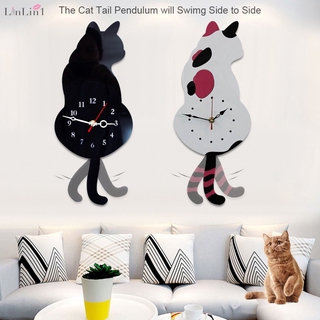 Creative Fashion New Silent White/Black Wagging Tail Cat Wall Clock Household Decorative Clock