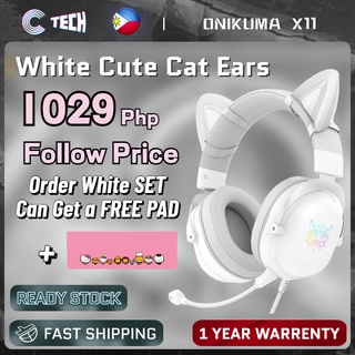 Onikuma X11 White Cute Cat Ear Headphone Noise Cancelling Headphone with Gaming Headset