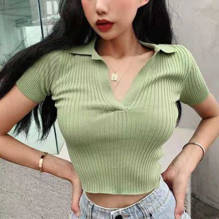 Kily.PH Collar Tops Short Sleeves Polo Crop Top Retro Lapel Knitted Tops 6A0138 (4)