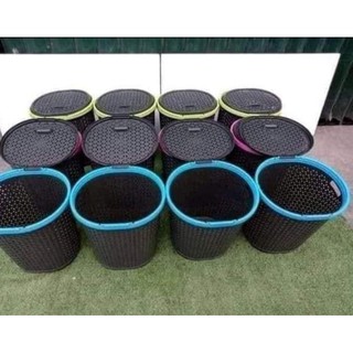 ROUND BLACK RATTAN PLASTIC LAUNDRY BASKET WITH COVER