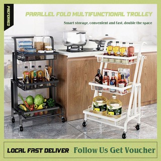 3-Tier Kitchen Utility Trolley Cart Shelf Storage Rack Organizer with Wheels and Handle Foldable