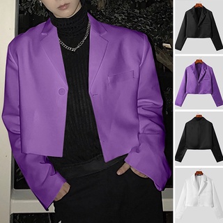 XMAN Korean Style Men Long Sleeve Solid Color Lapel Collar Casual Crop Top Suits Coats