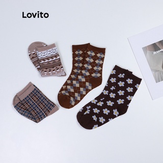 Lovito Vintage Preppy Calf High Cotton Crew Socks L001083 (Black/Brown/Khaki/Red Wine)
