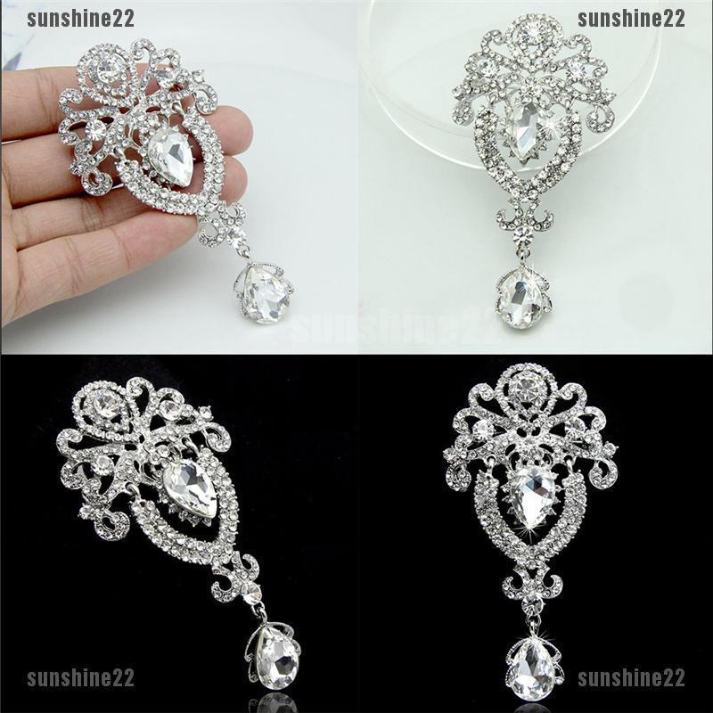 Silver Large Flower Bridal Brooch Rhinestone Crystal Diamante Wedding Broach Pin