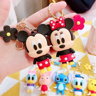 7pcs/Lot Disney Dolls PVC Mickey Mouse Figures Keychains Cute Cartoon Minnie Stitch Key Ring