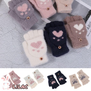 LILAC Lovely Knitted Finger Gloves Winter Warm Woolen Half Finger Gloves Paw Claw Fluffy Bear Plush Women Girls Thick Mittens/Multicolor