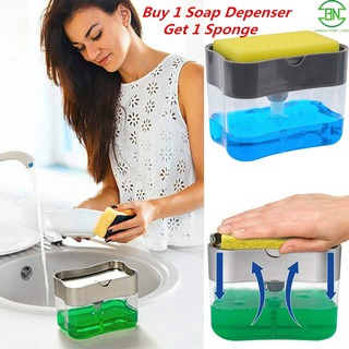 【Ready Stock】 2 in 1 Dishwash Dispenser Soap Dispenser Sponge Box Holder Kitchen Tools Soap Pump Liquid Sponge Holder Soap Caddy (1)