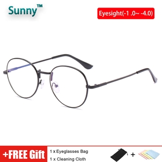 Fashion Graded Myopia Eyeglasses for Nearsighted Women Men with Grade -100/150/200/250/300/350/400 Metal Round Glasses Frame Replaceable Lens Optical Glasses