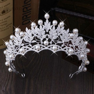 ▷Meng◁Shiny Faux Pearl Hollowed Rhinestone Inlaid Hair Crown Tiara Bride Wedding Decor