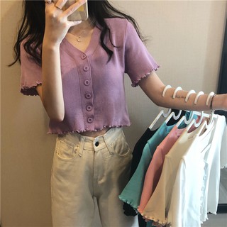 AimeiBeauty Korean V-neck short sleeve lace cardigan thin knitted crop top