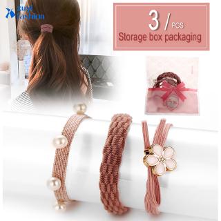 3pcs/bag White Flower Pearl Hair Band Set Simple Pink Rubber Band Ponytail Women Hair Accessories