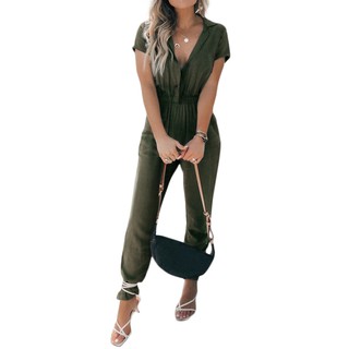Celmia Women Casual Short Sleeve Solid Button Tapered Jumpsuit