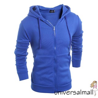 [Universalmall]Men Autumn Outerwear Solid Color Zipper Jacket Hooded Cotton Coat