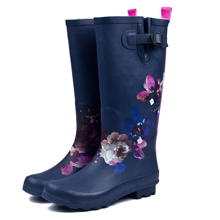 Fashion Women Rain Boots High Rain Boots Navy Flowers Shoes