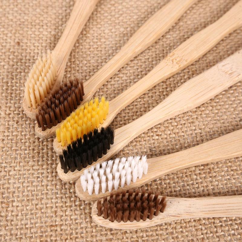 10Pcs Bamboo Toothbrush Wood Handle Khaki Soft Bristles For