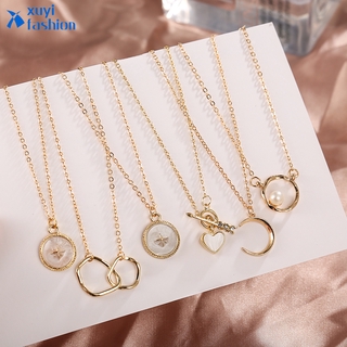 Fashion Retro Multilayer Butterfly Moon Pendant Gold Necklace Elegant Pearl Heart Clavicle Chain Women Jewelry Accessories Gift