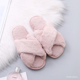Women Fluffy Winter Sandal Cross Plush Open Toe Sandal Soft Flat Shoes Warm Faux Fur Slipper Home Fe