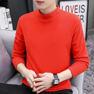 ☃▨◐Double-faced fleece thickened long-sleeved T-shirt men s half-high collar warm bottoming shirt na