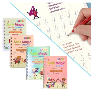KIDS PRACTICE BOOK, Copybooks, English Set - 4 in 1 - FREE Pen and Refills, Reusable Book