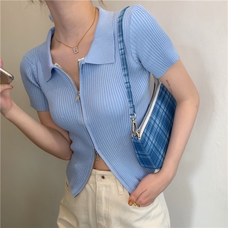 【Ready Stock】C&M Blue Short Sleeve Double Sliders Zipper Rib Knit Polo Neck Crop Top For Women