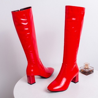 BootsAutumn Winter Women‘s High Knee Boots Patent Leather Knee High Boots Women Waterproof White Red