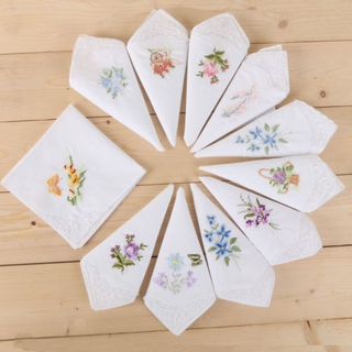 3Pcs/Set Women Basic White Square Handkerchief Floral Embroidered Pocket Hanky Butterfly Lace Cotton Baby Bibs Portable Towel Napkin Random