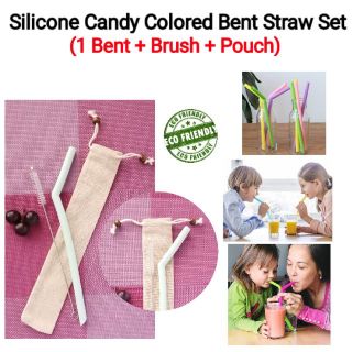 Silicone Candy Colored BENT Straw Set (1 Bent Straw + Brush + Pouch).