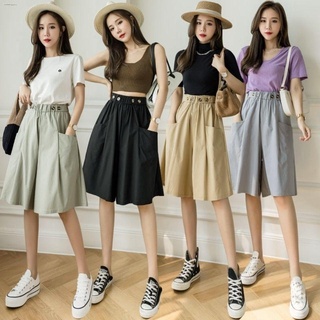 [Spot 5 colors M-4XL] Large size wide-leg pants women's summer new elastic waist solid color five-point pants women loose and thin skirt skirt